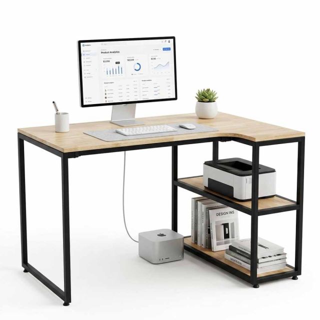 Bàn góc L liền kệ 120x80cm gỗ cao su CD68042