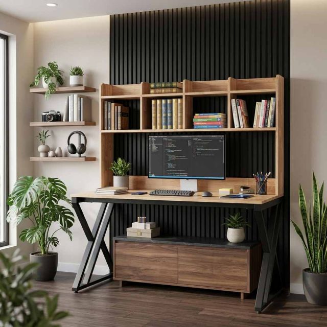 Bàn học kết hợp kệ sách 160x70x150cm gỗ cao su chân hệ XConcept FD68096
