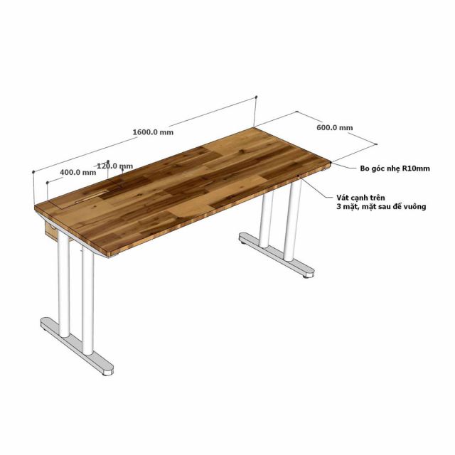 Bàn làm việc có hộp điện 160x60cm gỗ tràm hệ TIO HBTO060