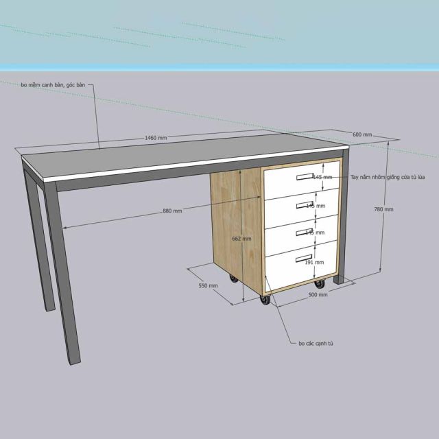 Bàn làm việc kết hợp tủ cá nhân di động 140x60x78cm gỗ cao su hệ UConcept HBUC073