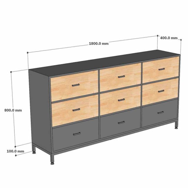 Tủ để đồ nhiều ngăn kéo 180x40x90cm gỗ cao su chân sắt KTT68110
