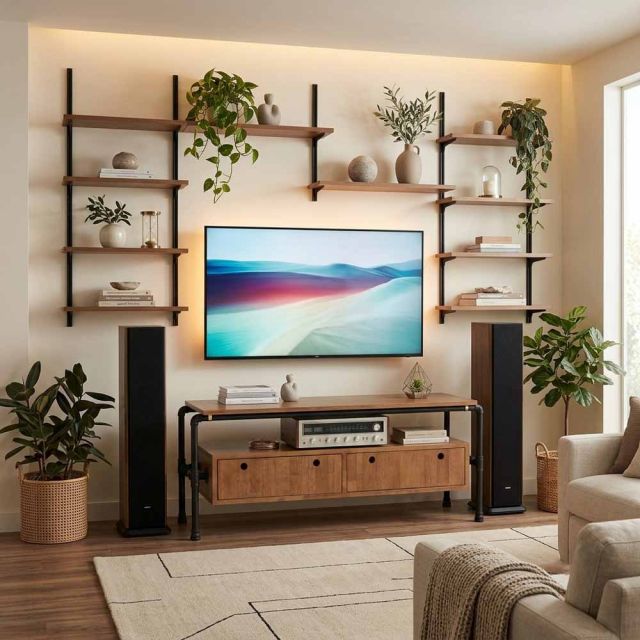 Kệ tivi PIPE 140x45x50cm gỗ cao su chân ống nước hai ngăn kéo KTV68021