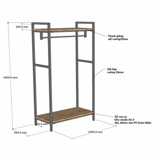 Kệ treo quần áo CHUNL 100x50x180cm gỗ cao su khung sắt TQA68109