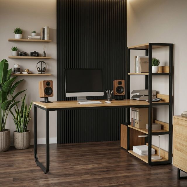 Bàn học UBAN kết hợp kệ sách 150x60x140cm gỗ plywood chân sắt FD68097