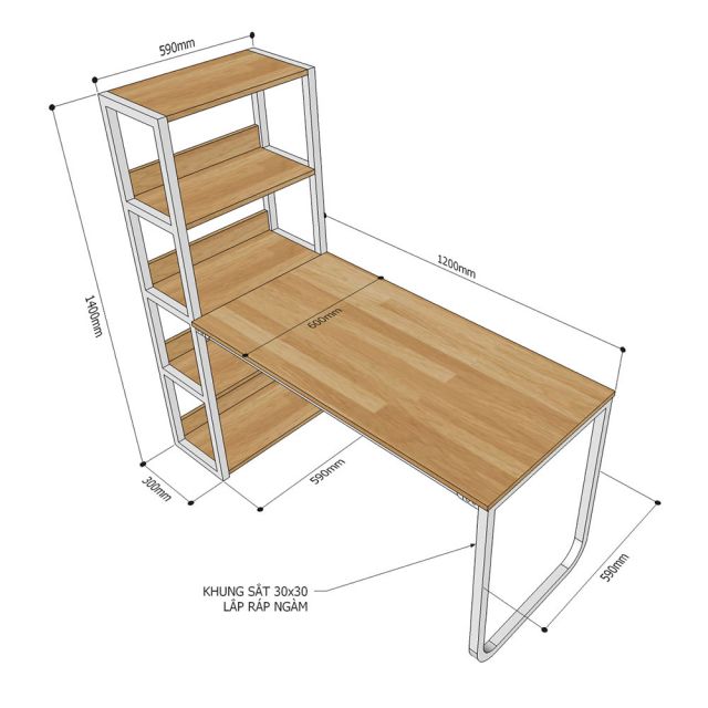 Bàn học UBAN kết hợp kệ sách 150x60x140cm gỗ plywood chân sắt FD68097