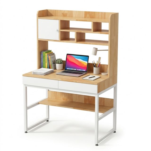 Bàn làm việc kết hợp kệ sách 100x58x150cm gỗ cao su chân sắt FD68098