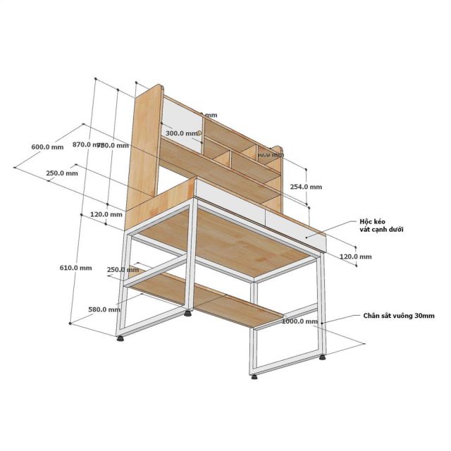 Bàn làm việc kết hợp kệ sách 100x58x150cm gỗ cao su chân sắt FD68098