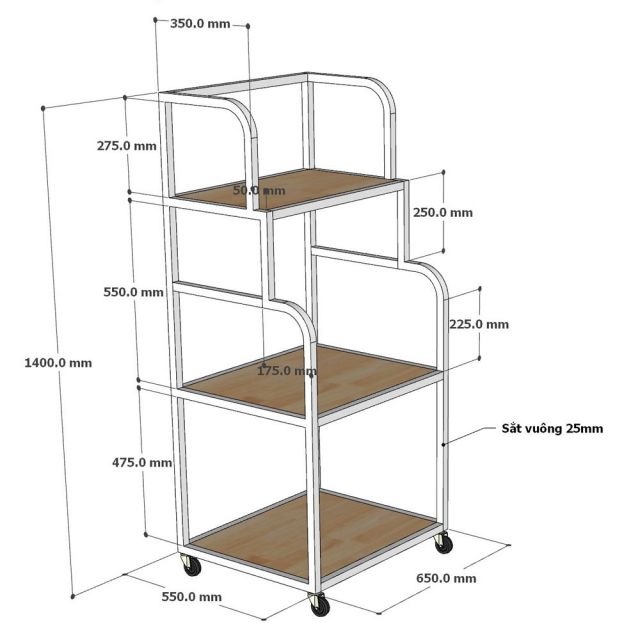 Kệ máy in di động 65x55x140cm gỗ cao su khung sắt KMI68013