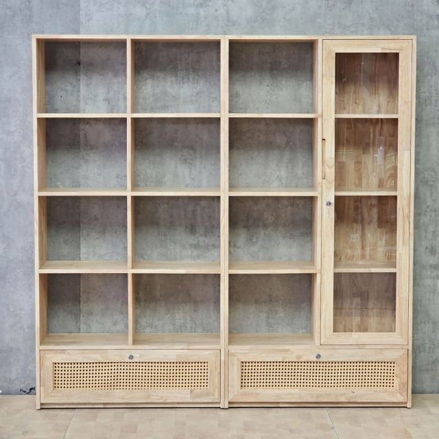 Kệ sách 182x30x180cm gỗ cao su cửa lưới mây KS68380