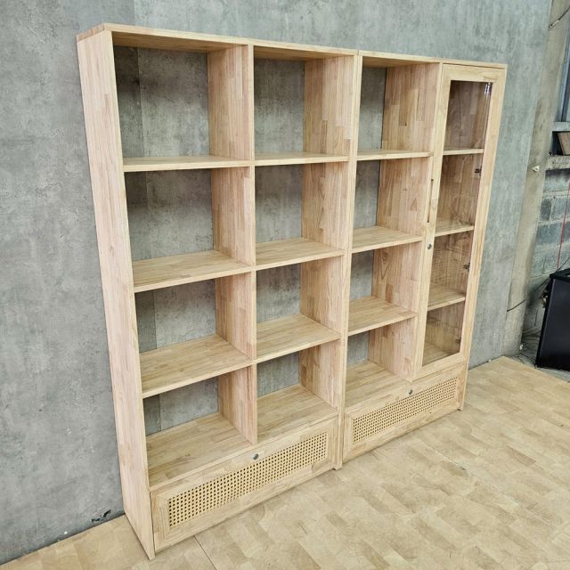 Kệ sách 182x30x180cm gỗ cao su cửa lưới mây KS68380