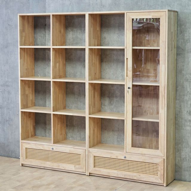 Kệ sách 182x30x180cm gỗ cao su cửa lưới mây KS68380