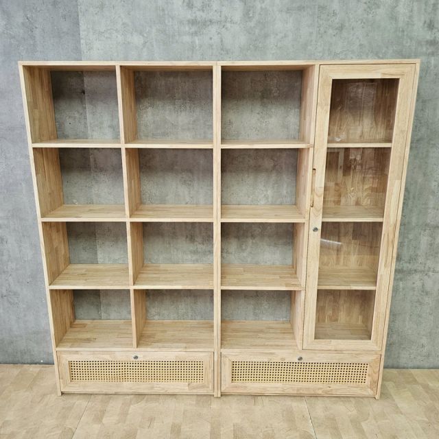 Kệ sách 182x30x180cm gỗ cao su cửa lưới mây KS68380