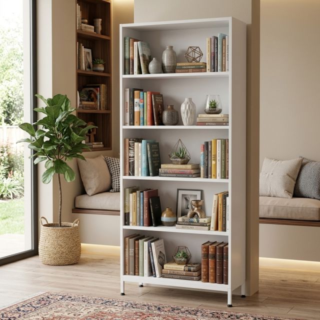 Kệ sách 5 tầng APEX 80x30x183cm gỗ cao su chân sắt KS68386
