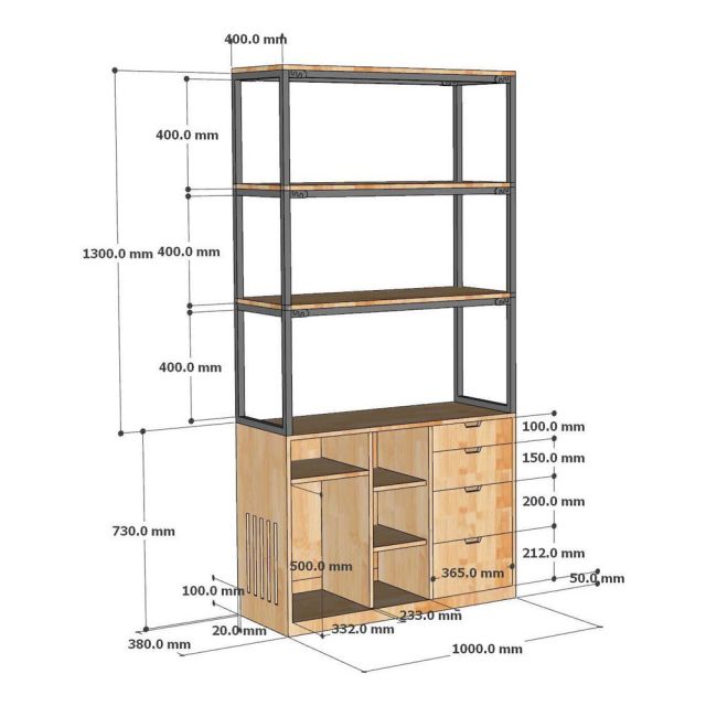 Tủ kệ trang trí 100x38x200cm gỗ cao su khung sắt KTT68115