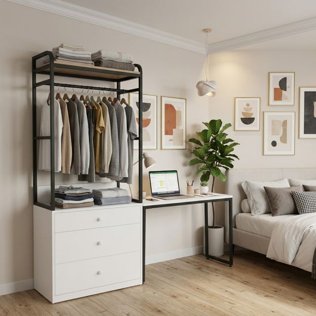 Kệ tủ quần áo có khóa từ kết hợp bàn làm việc 180x40x200cm gỗ cao su TQA68113