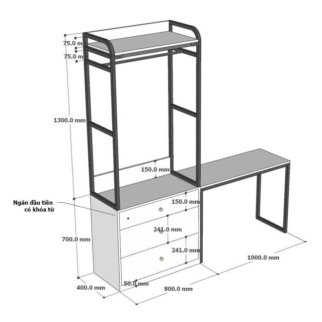 Kệ tủ quần áo có khóa từ kết hợp bàn làm việc 180x40x200cm gỗ cao su TQA68113