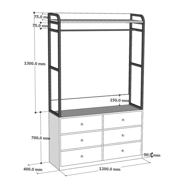 Tủ kệ treo quần áo 120x40x200cm gỗ cao su khung sắt TQA68114