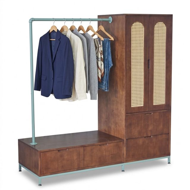 Tủ quần áo kết hợp giá treo ống nước 150x55x160cm gỗ cao su chân sắt TQA68117