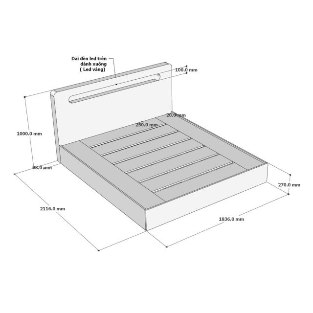 Giường ngủ gắn đèn LED 180x200x100cm gỗ cao su GN68083