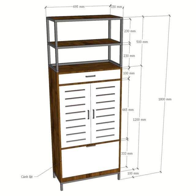Tủ kệ giày dép cửa lật 69x33x180cm gỗ cao su chân sắt KG68137