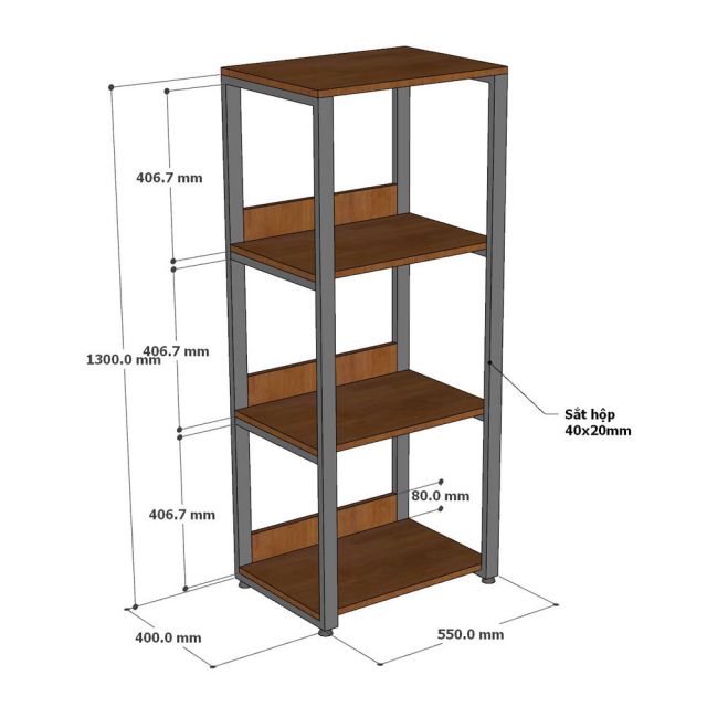 Kệ trang trí 4 tầng GULLI 55x40x130cm gỗ cao su chân sắt KTT68120