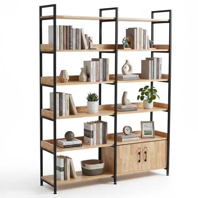 Kệ tủ trang trí 140x34x180cm gỗ cao su chân sắt KTT68121