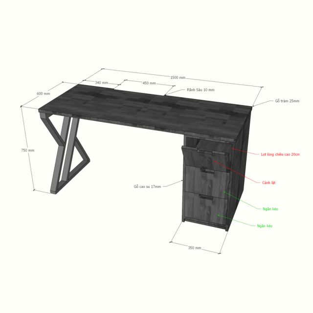 Bàn làm việc gác tủ 150x60x75cm gỗ tự nhiên chân hệ XConcept BD68205