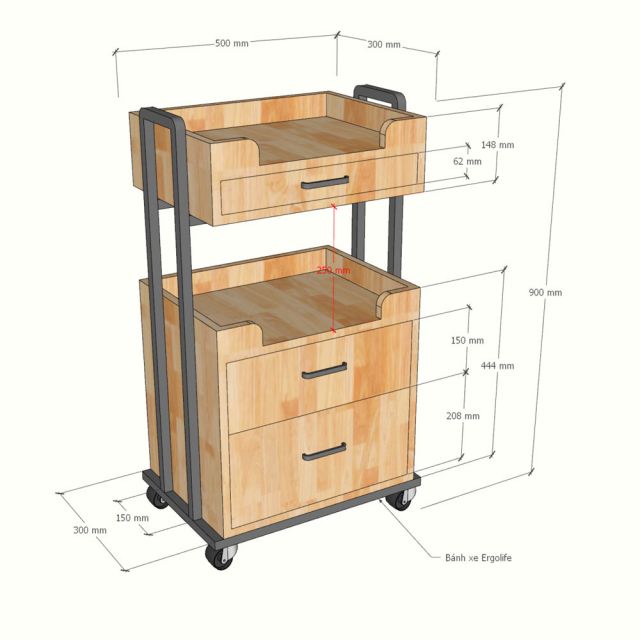 Kệ salon di động 50x30x90cm gỗ cao su khung sắt KTB68286