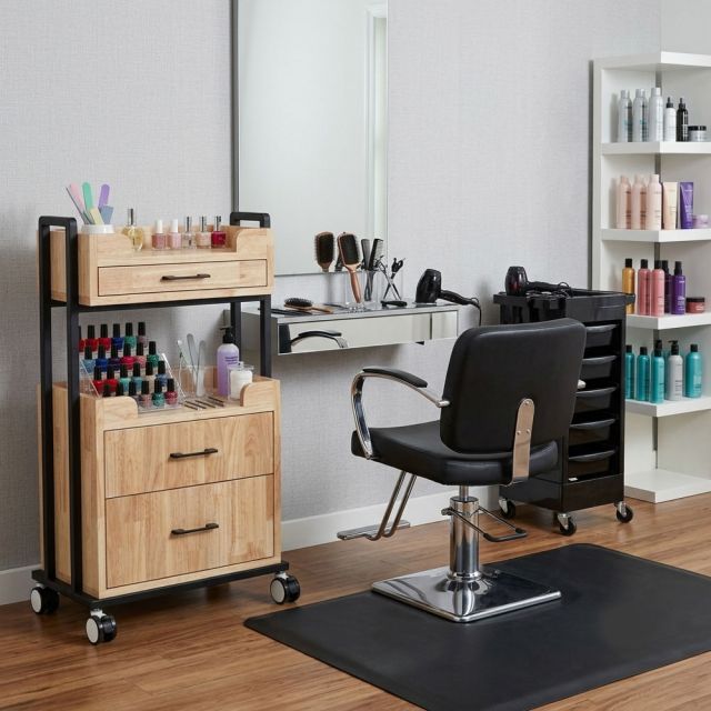 Kệ salon di động 50x30x90cm gỗ cao su khung sắt KTB68286