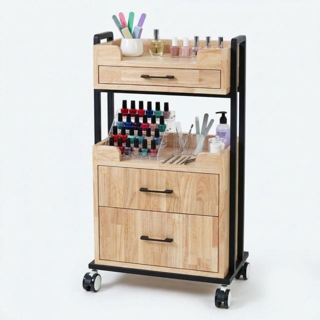 Kệ salon di động 50x30x90cm gỗ cao su khung sắt KTB68286