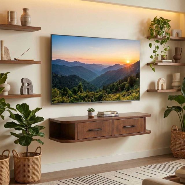 Kệ tivi treo tường 90x24x16cm gỗ cao su KTV68152