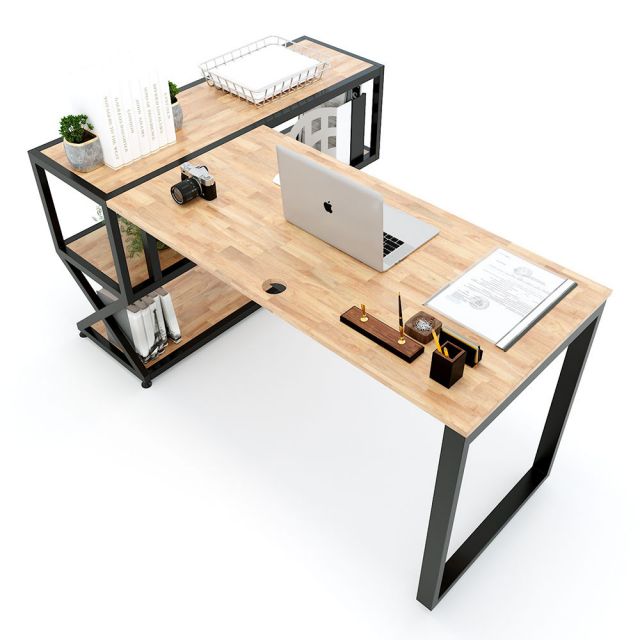 Bàn góc chữ L kết hợp kệ 160x120x75cm gỗ cao su FD68024 Bàn góc chữ L kết hợp kệ 160x120x75cm gỗ cao su FD68024