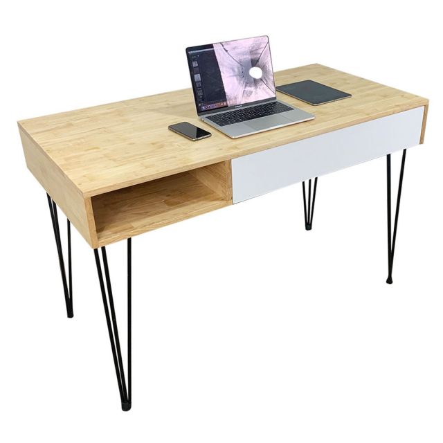 Bàn làm việc có ngăn hộc kéo 120x60cm gỗ cao su chân Hairpin BD68048 Bàn làm việc có ngăn hộc kéo 120x60cm gỗ cao su chân Hairpin BD68048