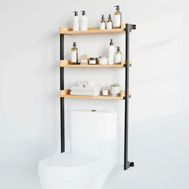 Kệ Toilet treo tường 62x20x120cm gỗ cao su khung sắt KTL002