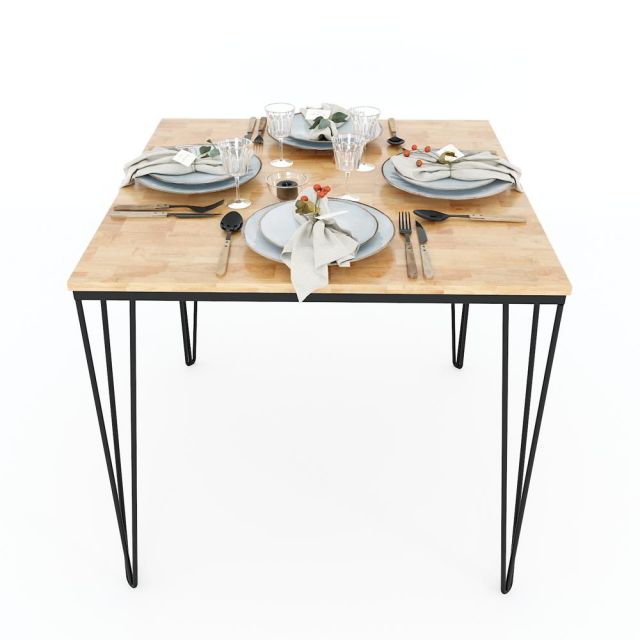 Bàn ăn vuông 80cm gỗ cao su chân sắt Hairpin BA68025