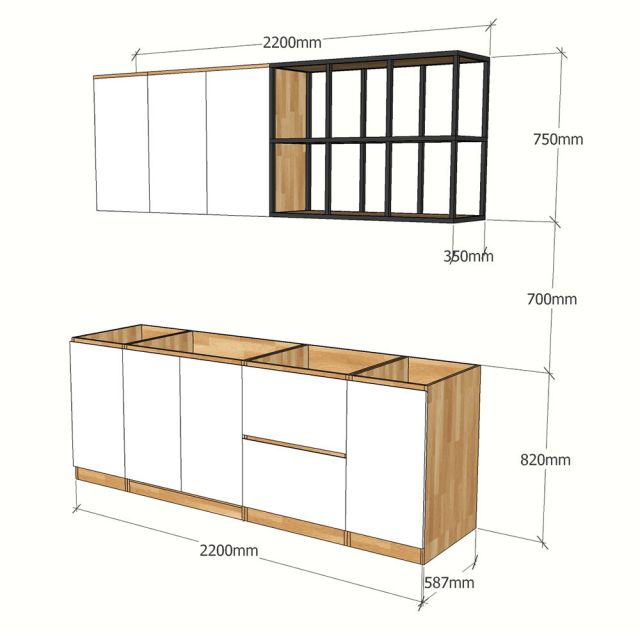 BTB68001 - Bộ hệ tủ bếp gỗ cao su kết hợp kệ khung sắt  (không bao gồm mặt đá và bồn rửa)