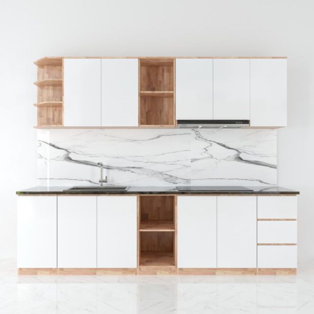 BTB68002 - Bộ hệ tủ bếp gỗ cao su chống ẩm (không bao gồm mặt đá và bồn rửa)