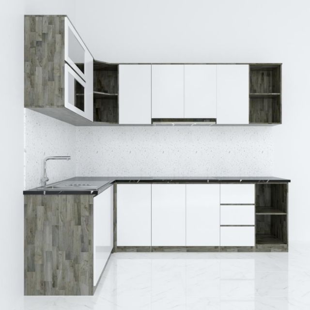 BTB68005 - Hệ tủ bếp chữ L gỗ cao su hiện đại ( không bao gồm mặt đá và bồn rửa)