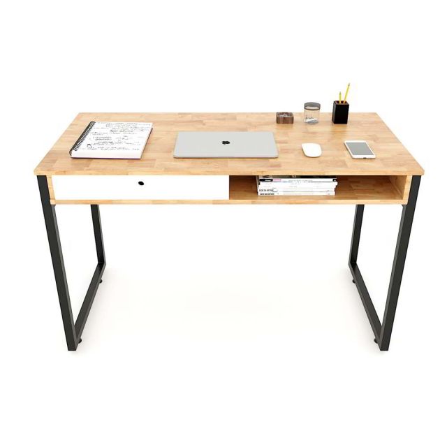 Bàn làm việc có hộc kéo 120x60cm gỗ cao su chân sắt BD68061 Bàn làm việc có hộc kéo 120x60cm gỗ cao su chân sắt BD68061