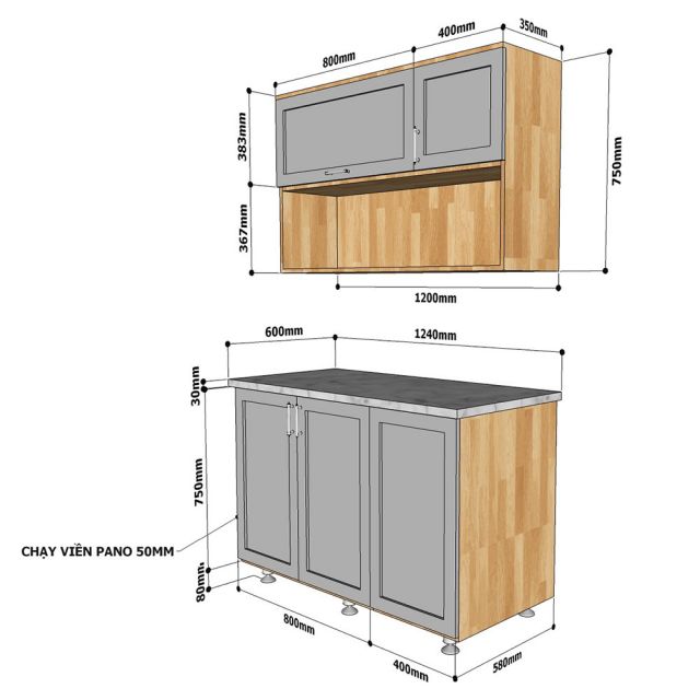 Hệ tủ bếp mini gỗ cao su nhỏ gọn hiện đại