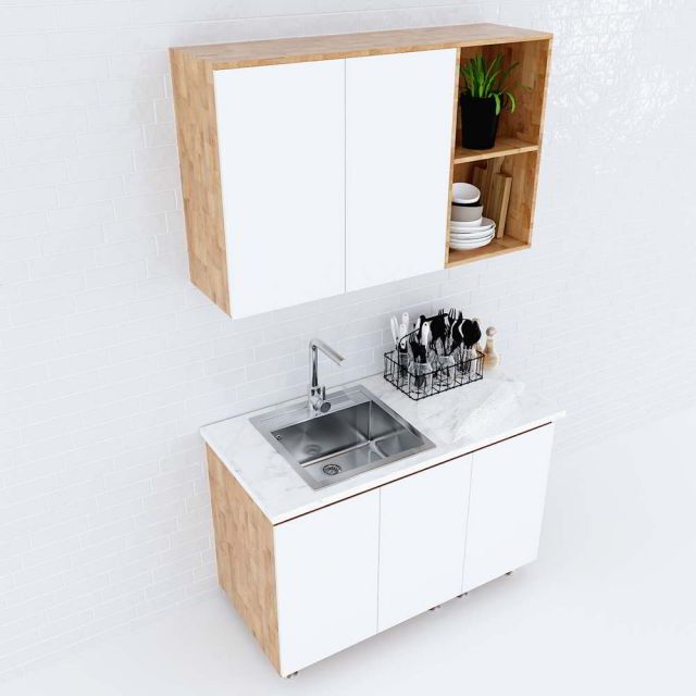 Hệ tủ bếp mini gỗ cao su nhỏ gọn hiện đại BTB68006