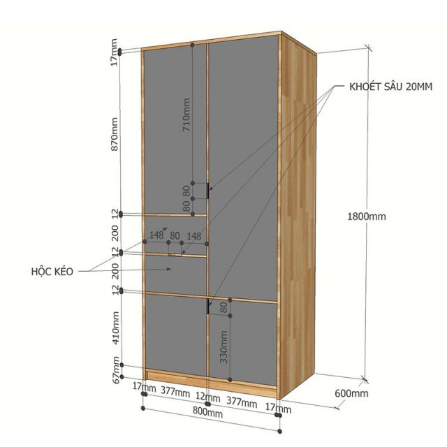Tủ quần áo hiện đại gỗ cao su 2 hộc kéo TQA68013