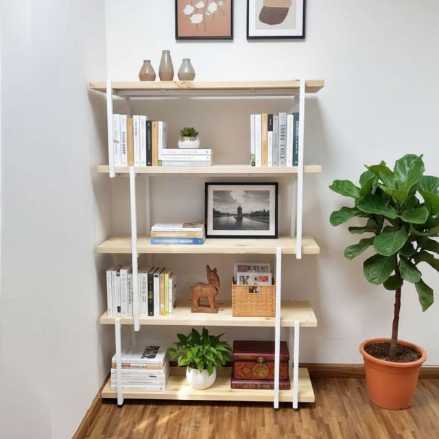 Kệ sách gỗ Thông khung sắt LAM-SHELF KTB68041
