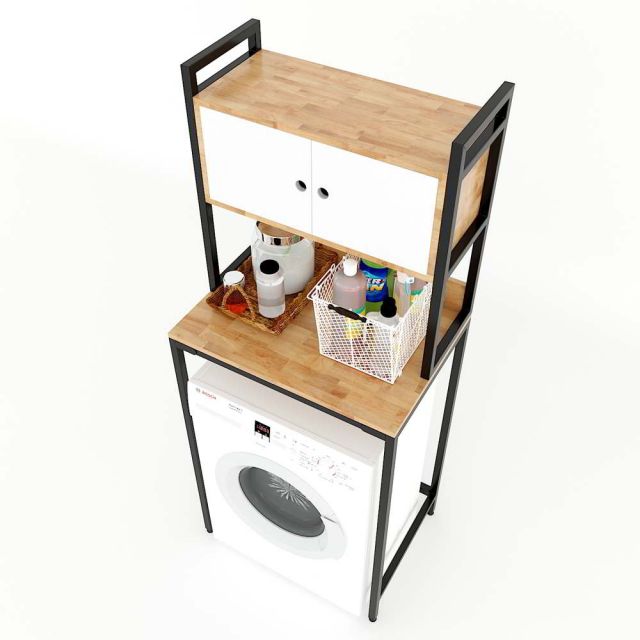 Kệ máy giặt có tủ gỗ cao su khung sắt KMG68007