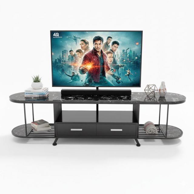 Kệ Tivi 2 tầng có hộc kéo mặt đá đen 180x40x45cm KTV68062