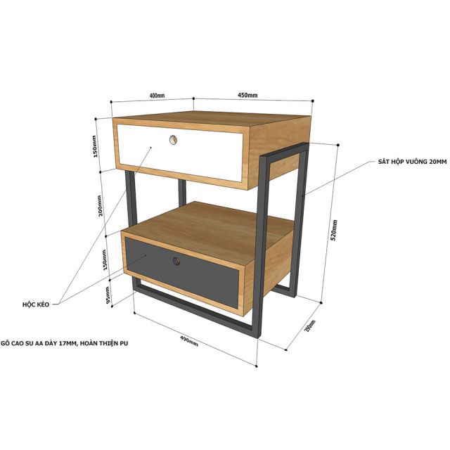 Tủ đầu giường 2 ngăn kéo gỗ cao su 40x45x59cm TDG68033