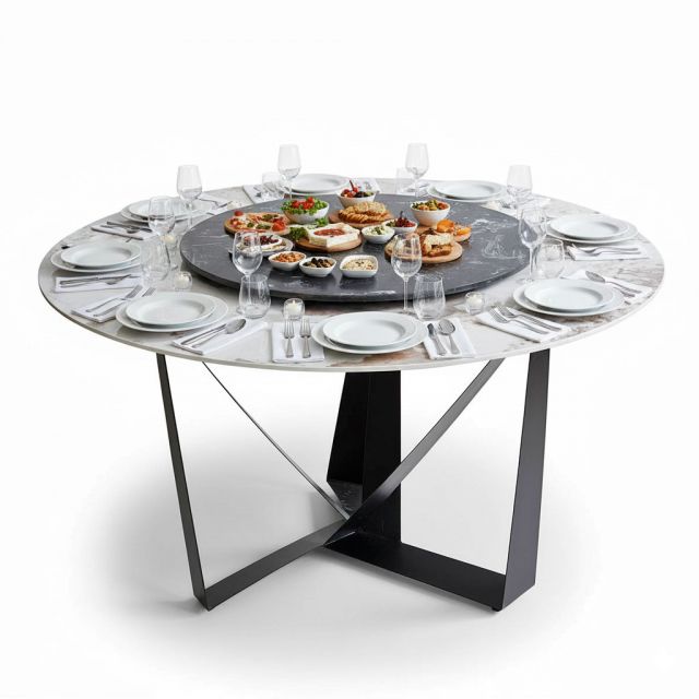 Bàn ăn tròn 2 tầng xoay 140cm mặt đá trắng chân sắt BA68036 Bàn ăn tròn 2 tầng xoay 140cm mặt đá trắng chân sắt BA68036