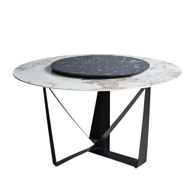 Bàn ăn tròn 2 tầng xoay 140cm mặt đá trắng chân sắt BA68036 Bàn ăn tròn 2 tầng xoay 140cm mặt đá trắng chân sắt BA68036