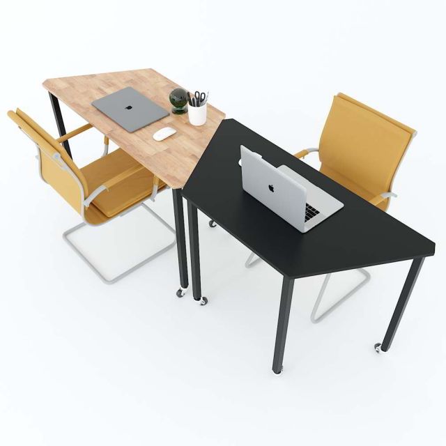 Cụm 2 bàn hình thang gỗ cao su hệ Lego chân sắt lắp ráp HBLG003