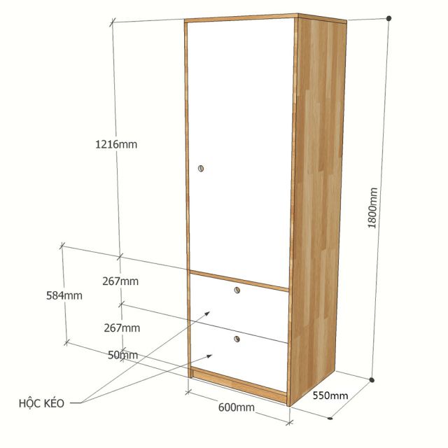 Kích thước Tủ quần áo nhỏ 1 cánh 2 hộc kéo gỗ cao su (60x55x180cm)